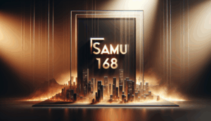 alt_text: Sleek 3D "saimu168" logo on dark panel, city skyline backdrop, warm fog, cinematic lighting.