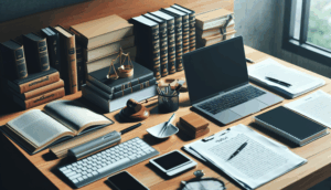 Professional cover design featuring a desk with a laptop, legal documents, and Thai law elements.