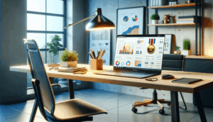 alt_text: A modern workspace with a laptop displaying a saimu168 comparison, featuring charts and a gold medal.