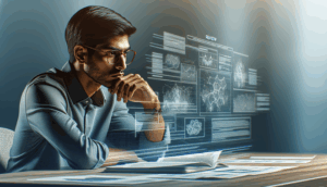 alt_text: A thoughtful Thai reviewer at a desk, analyzing saimu168, with detailed notes and visuals.