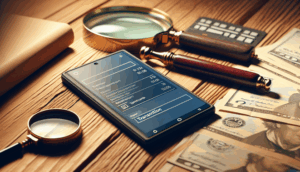 alt_text: Investigative scene on a desk featuring a phone with transaction details and a magnifying glass.