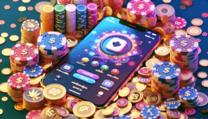 Alt_text: Photorealistic app cover featuring a smartphone, Thai coins, and a vibrant casino background.