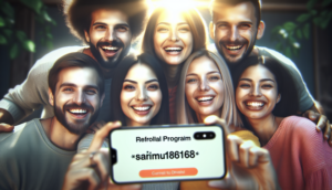 alt_text: Friends celebrating a referral program for 'saimu168', showcasing smiles and a smartphone.