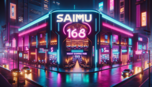 Luxurious night gaming hub with neon accents, featuring 'saimu168 ค่ายเกม' logo and vibrant atmosphere.