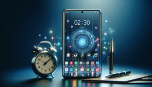 alt_text: "Photorealistic cover for 'saimu168 24 ชั่วโมง', showcasing a sleek smartphone and glowing clock."