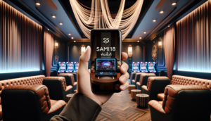 alt_text: A smartphone showing 'saimu168 ผ่านวอเลท' in Thai within a luxurious gaming lounge setting.